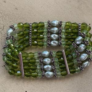Peridot and pearl sterling silver 4 strand bracelet